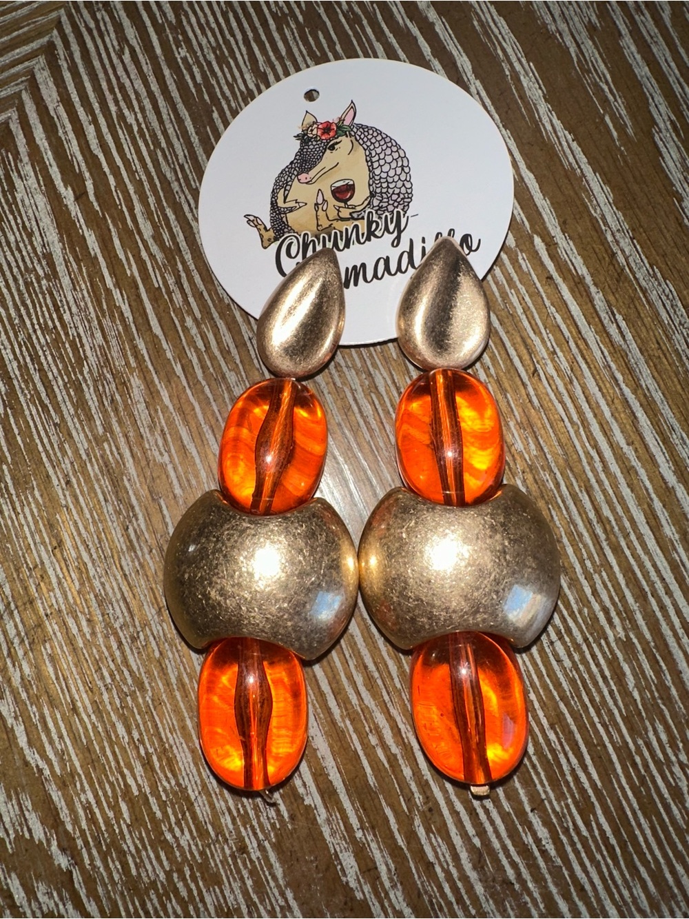 Chunky Handmade Orange Resin & Gold Statement Earrings Chunky Armadillo